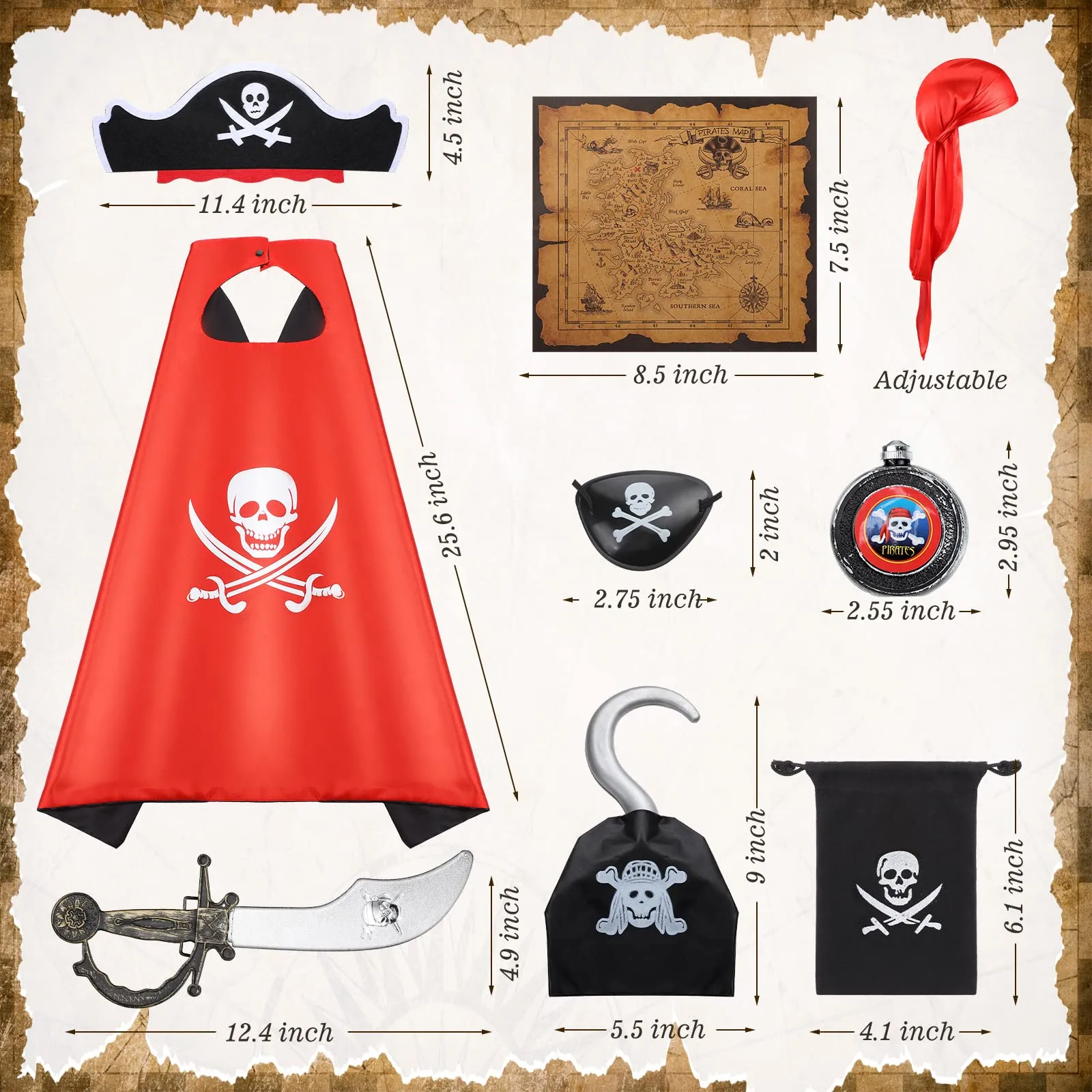 2 Set Kids Pirate Cape Costume, Pirate Cosplay Role Play Set Decoration Accessories Halloween Party Gift for Kids (Cape, Hook, Hats, Eye Patch, Sword,Compass)