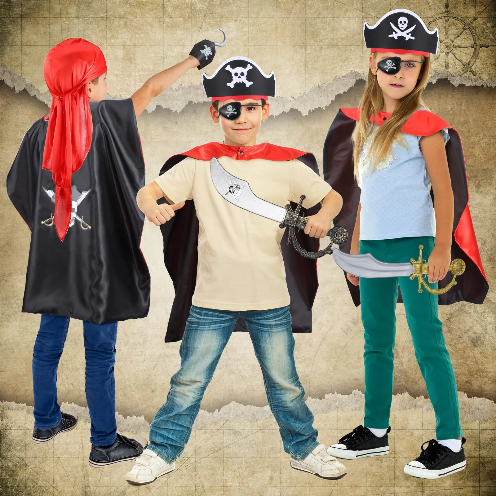2 Set Kids Pirate Cape Costume, Pirate Cosplay Role Play Set Decoration Accessories Halloween Party Gift for Kids (Cape, Hook, Hats, Eye Patch, Sword,Compass)