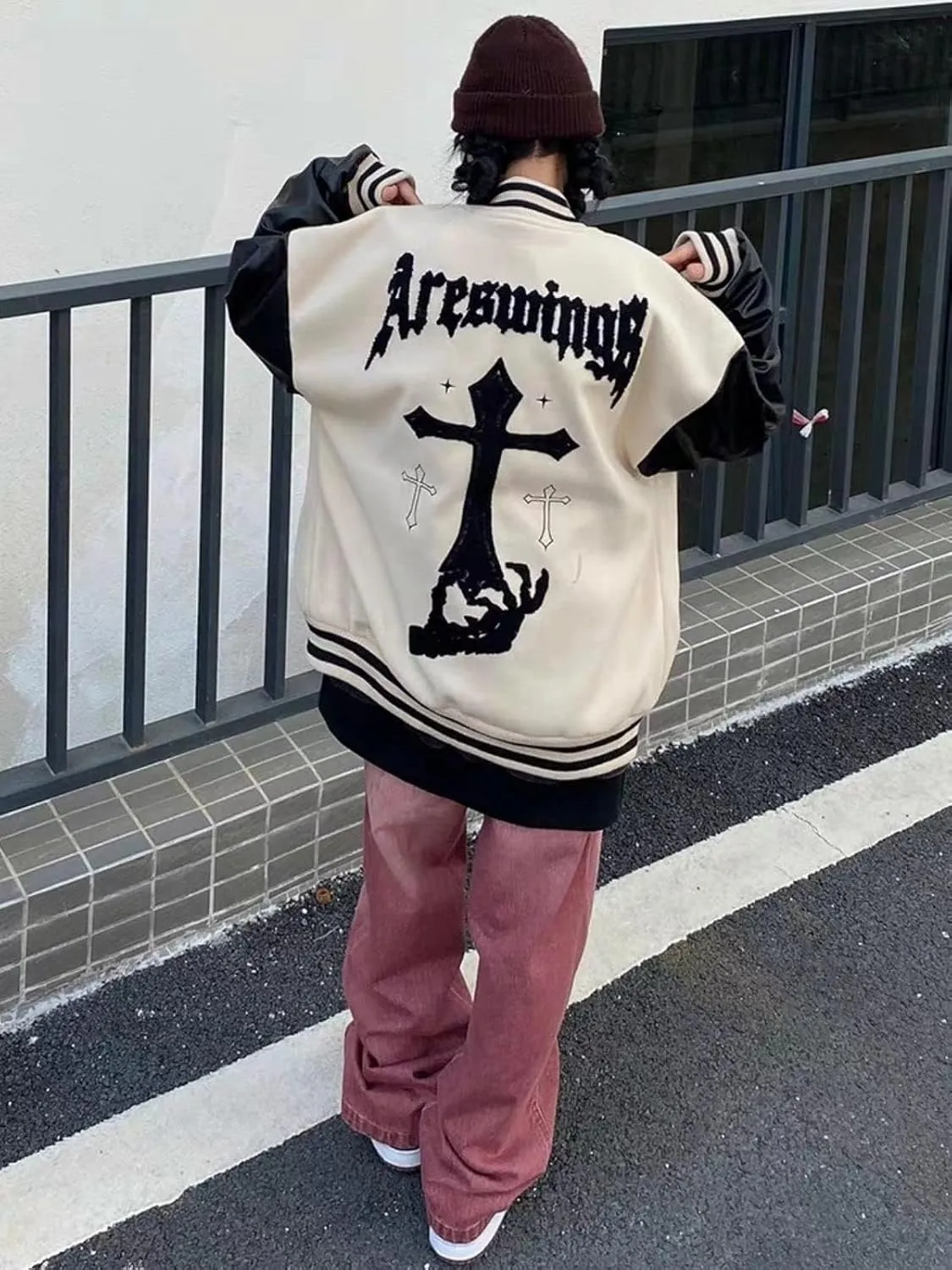 Aelfric Eden Men's Varsity Jackets Y2k Graphic Baseball Bomber Jacket Women Leather Cuff Letterman Jacket