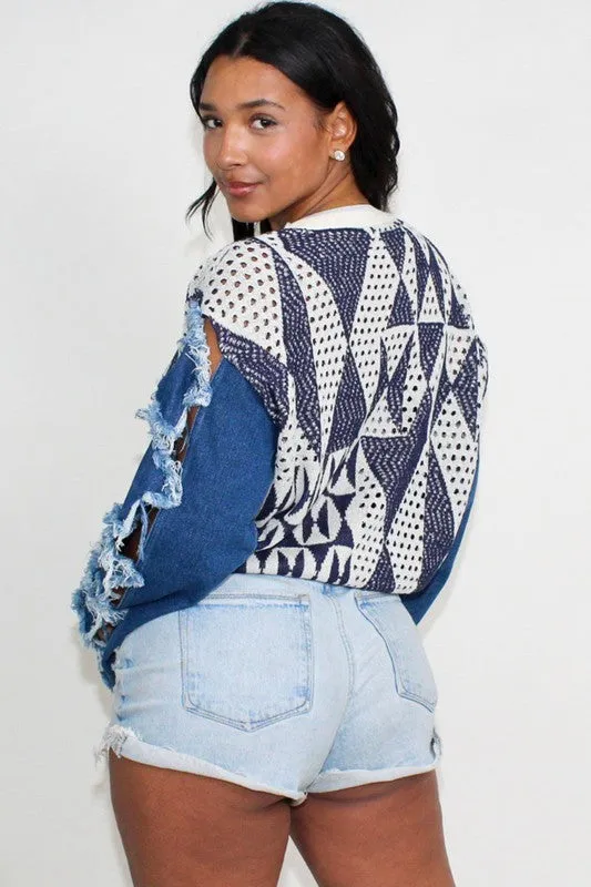 Athina Star Sleeve Knit Denim Contrast Top