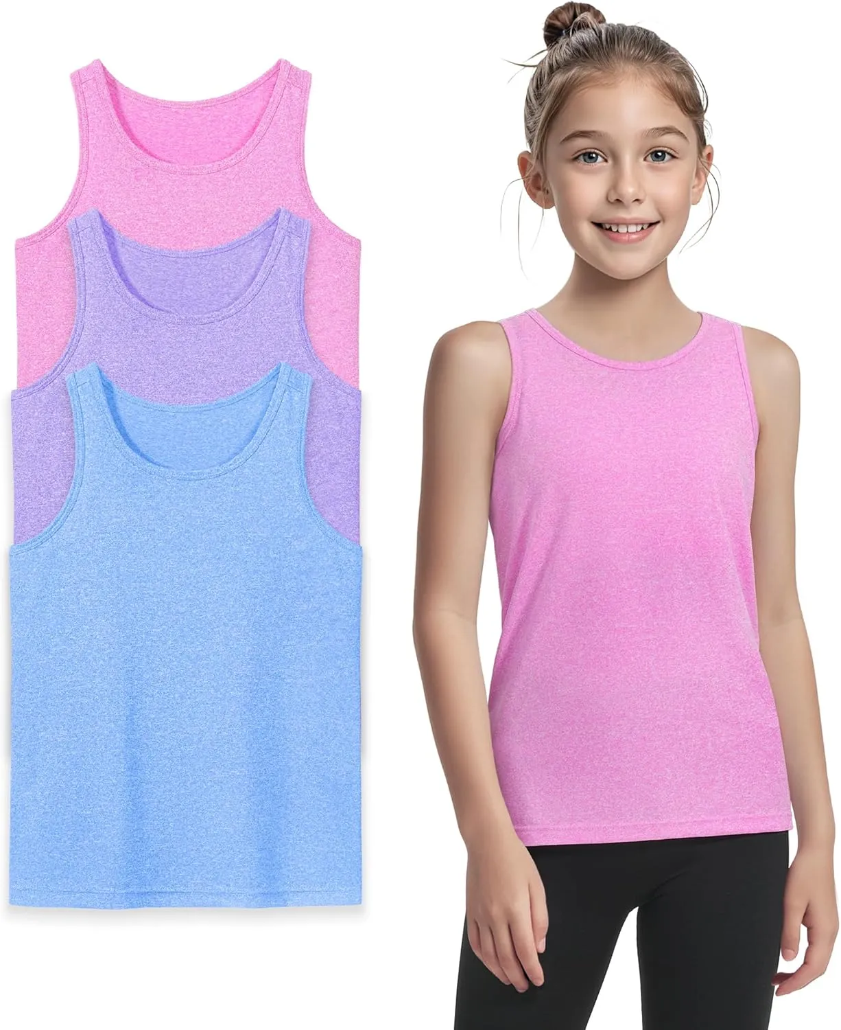 Auranso Girls Tank Tops Athletic Sleeveless Racerback Quick Dry Dance Shirts 3 Pack