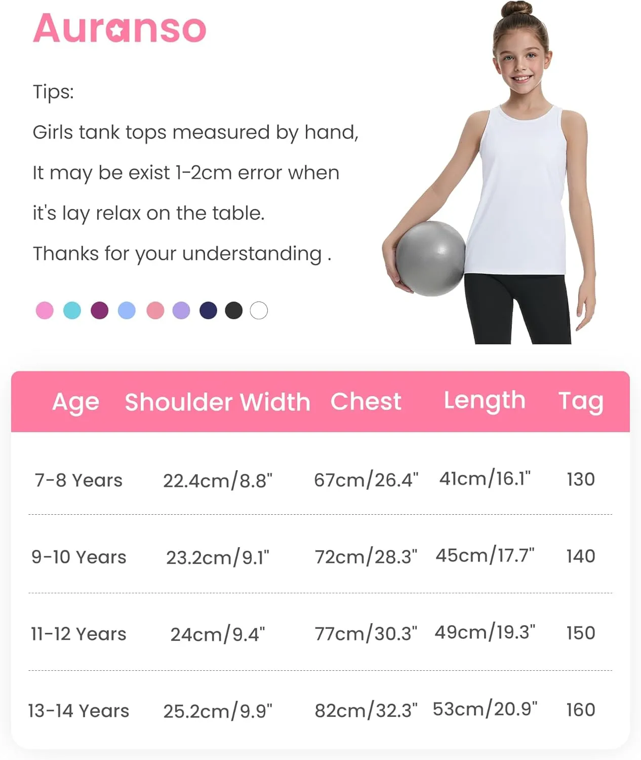 Auranso Girls Tank Tops Athletic Sleeveless Racerback Quick Dry Dance Shirts 3 Pack