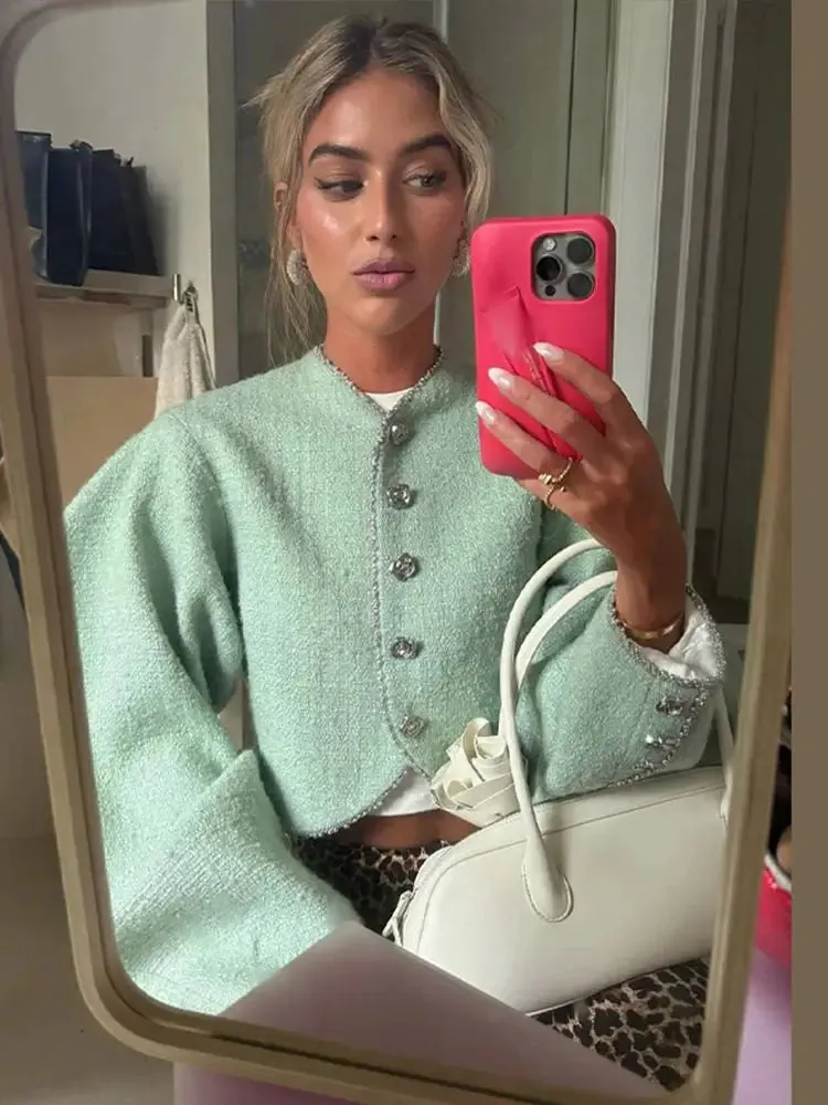 Back To School Joskaa Elegant Solid Single Breasted Crop Coat Women Fashion Round Collar Long Sleeves Casual Jacket 2024 Autumn Lady Commute Outerwear