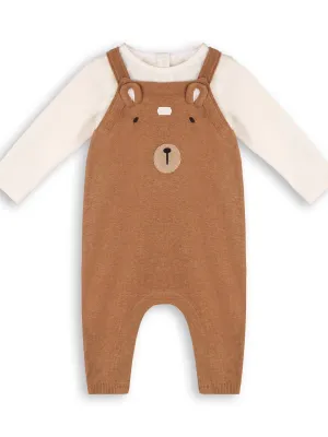 Bear Knit Overall Romper with Bodysuit Set - Chai Spice