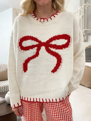 Bow Jacquard Round Neck Sweater