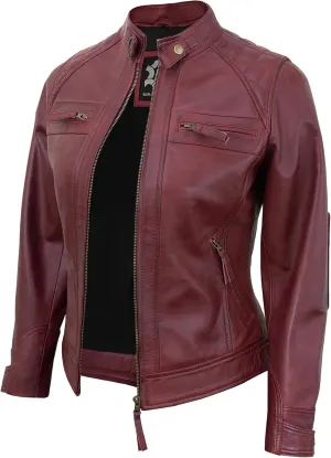 Casual Outerwear Real Lambskin Motorcycle Jackets Womens- Classic Biker Style Stand Collar Leather Jacket Women