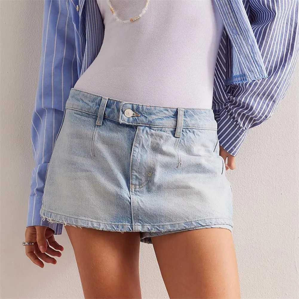 Denim Mini Skirt for Women Low Waisted Jean Micro Skort with Shorts Stretch Casual Jean Skirt