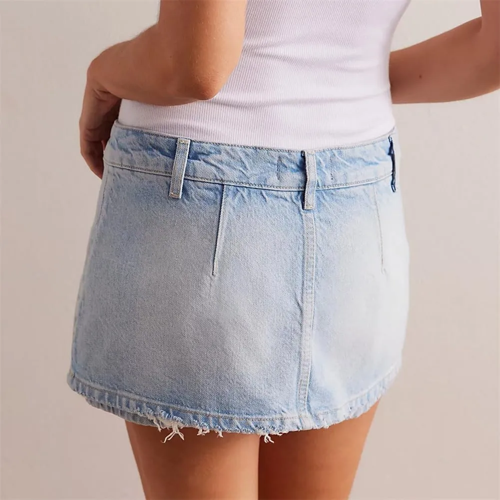 Denim Mini Skirt for Women Low Waisted Jean Micro Skort with Shorts Stretch Casual Jean Skirt