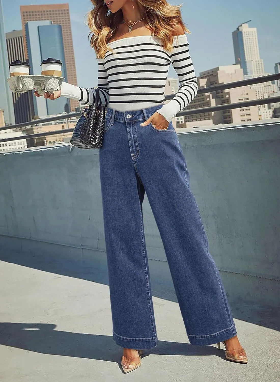 Dokotoo Women's Casual High Waisted Jeans Stretch Wide Leg Loose Denim Pants with Pockets