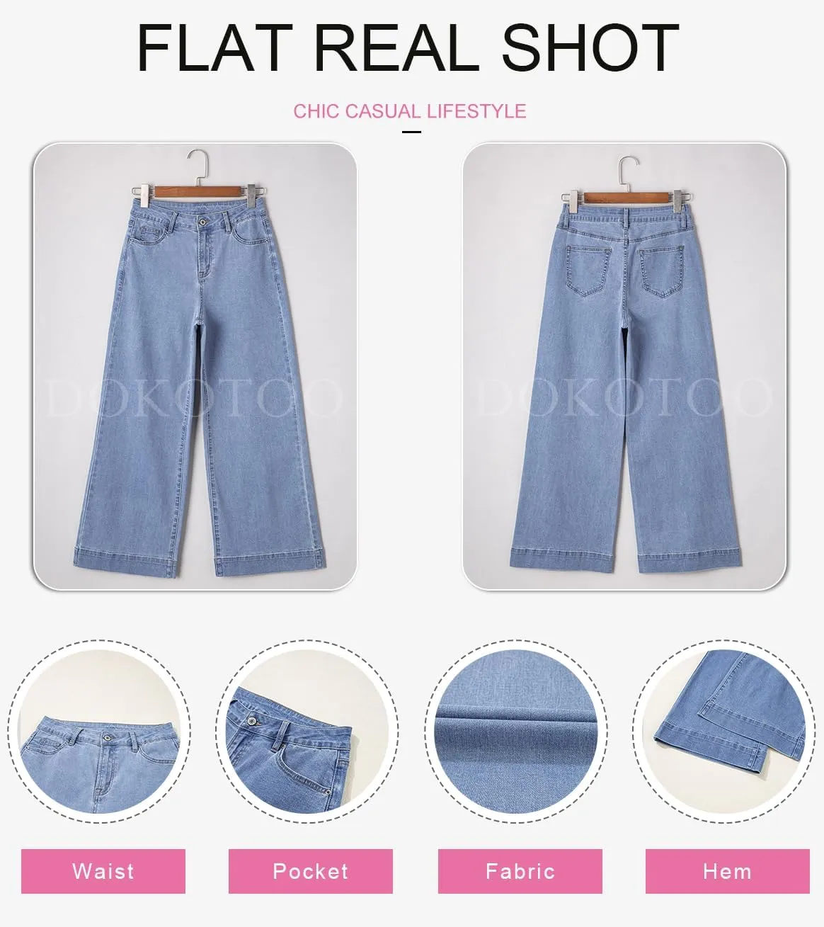 Dokotoo Women's Casual High Waisted Jeans Stretch Wide Leg Loose Denim Pants with Pockets