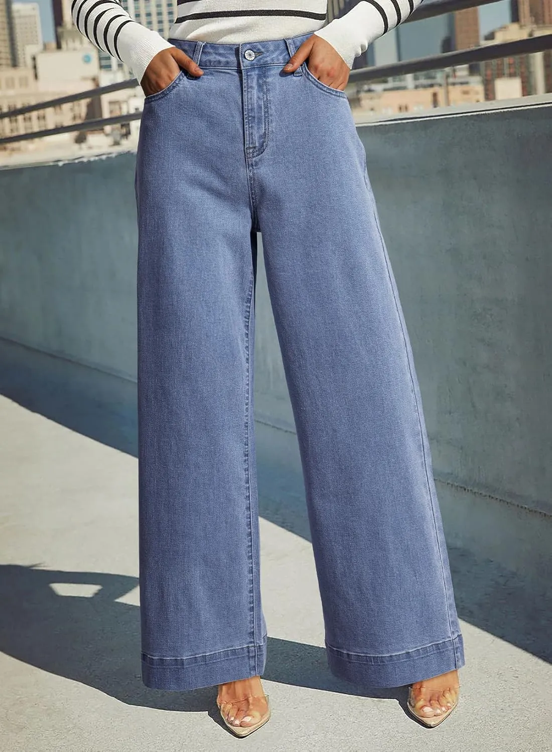 Dokotoo Women's Casual High Waisted Jeans Stretch Wide Leg Loose Denim Pants with Pockets