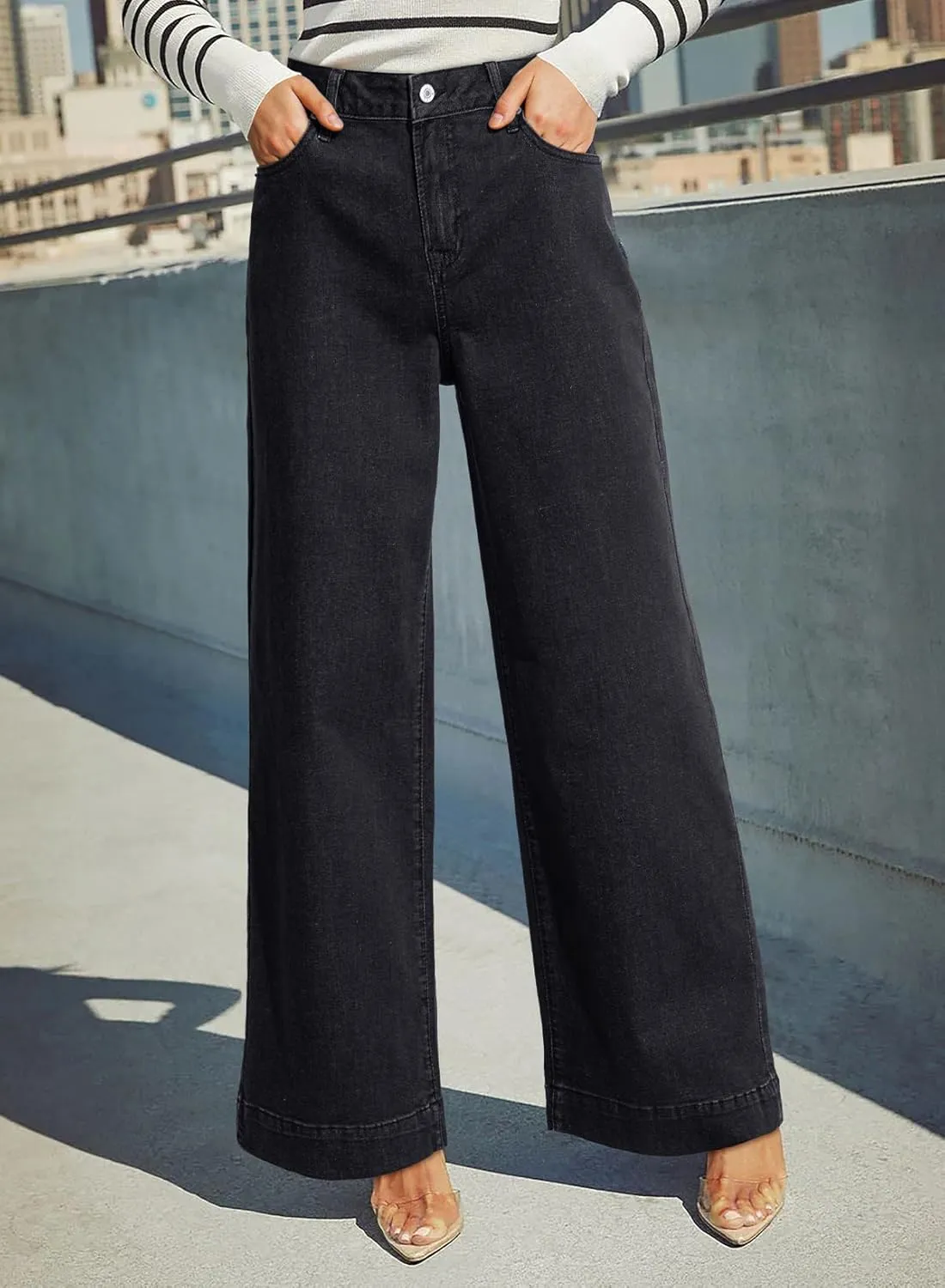 Dokotoo Women's Casual High Waisted Jeans Stretch Wide Leg Loose Denim Pants with Pockets