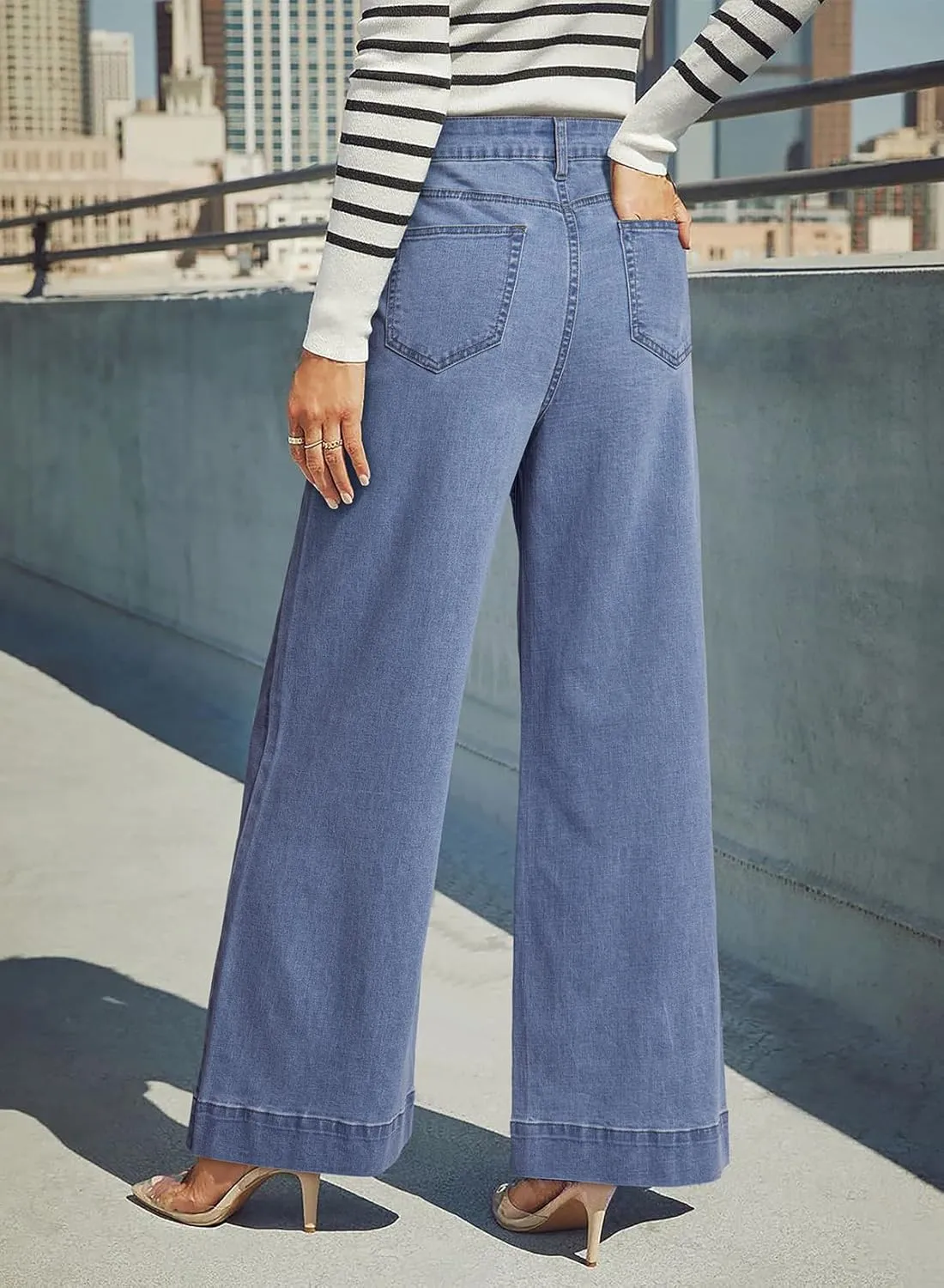Dokotoo Women's Casual High Waisted Jeans Stretch Wide Leg Loose Denim Pants with Pockets