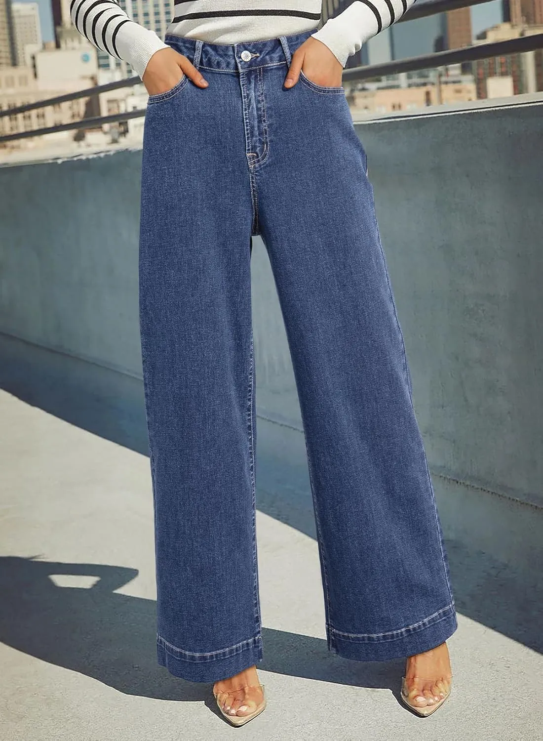 Dokotoo Women's Casual High Waisted Jeans Stretch Wide Leg Loose Denim Pants with Pockets