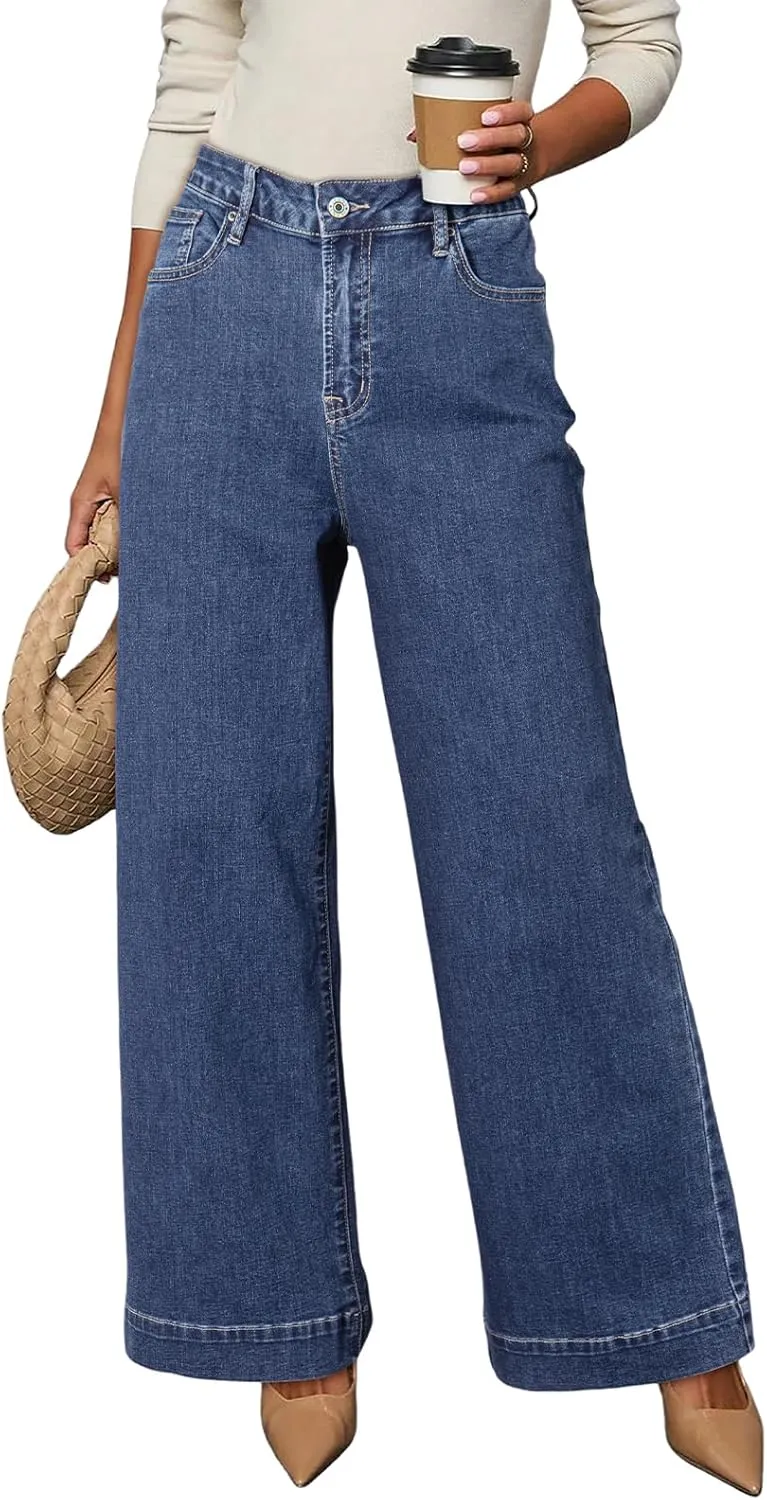 Dokotoo Women's Casual High Waisted Jeans Stretch Wide Leg Loose Denim Pants with Pockets