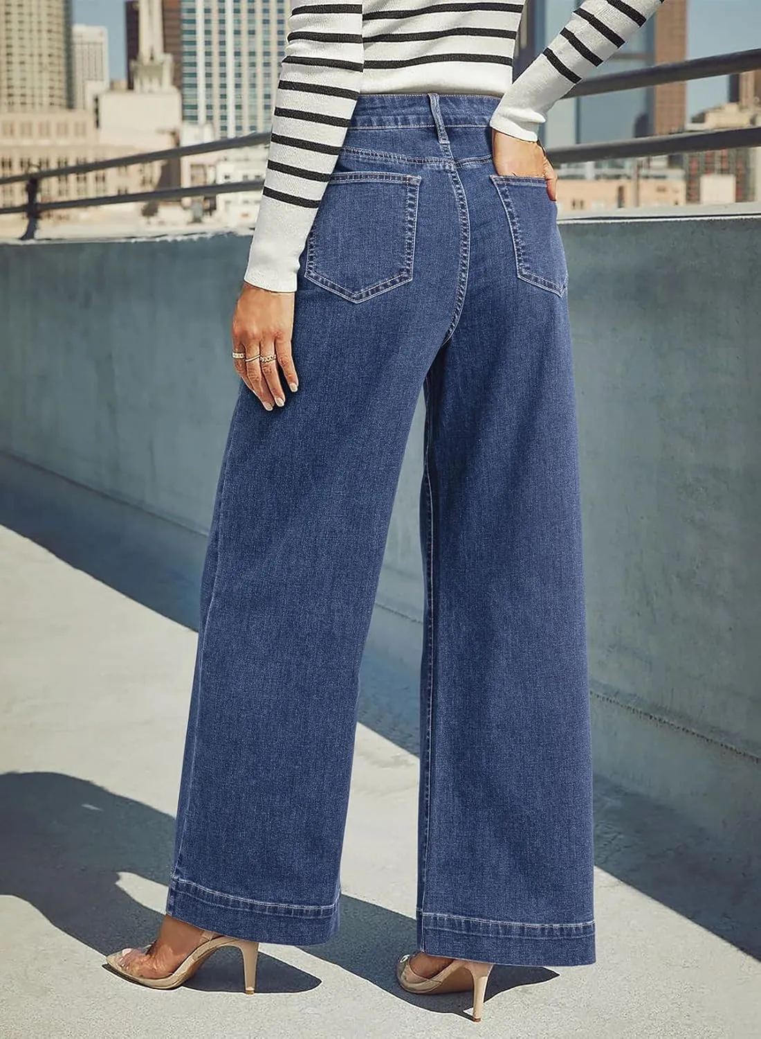 Dokotoo Women's Casual High Waisted Jeans Stretch Wide Leg Loose Denim Pants with Pockets