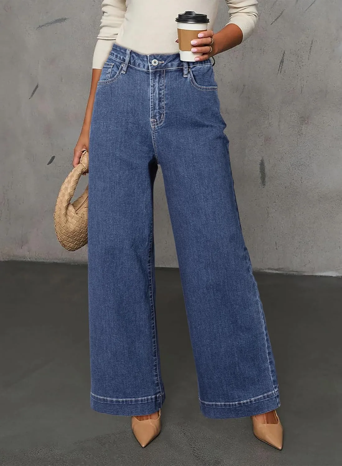 Dokotoo Women's Casual High Waisted Jeans Stretch Wide Leg Loose Denim Pants with Pockets