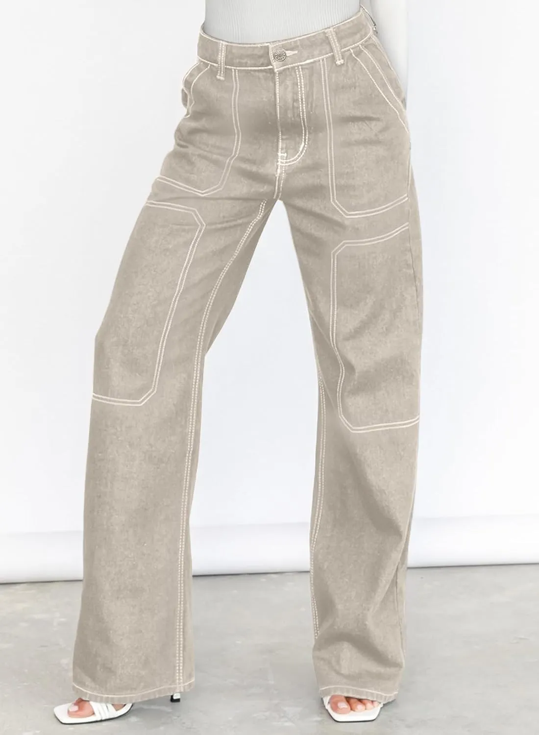 Dokotoo Women's Casual Mid Waist Cargo Jeans Stretch Wide Leg Denim Pants with Pockets