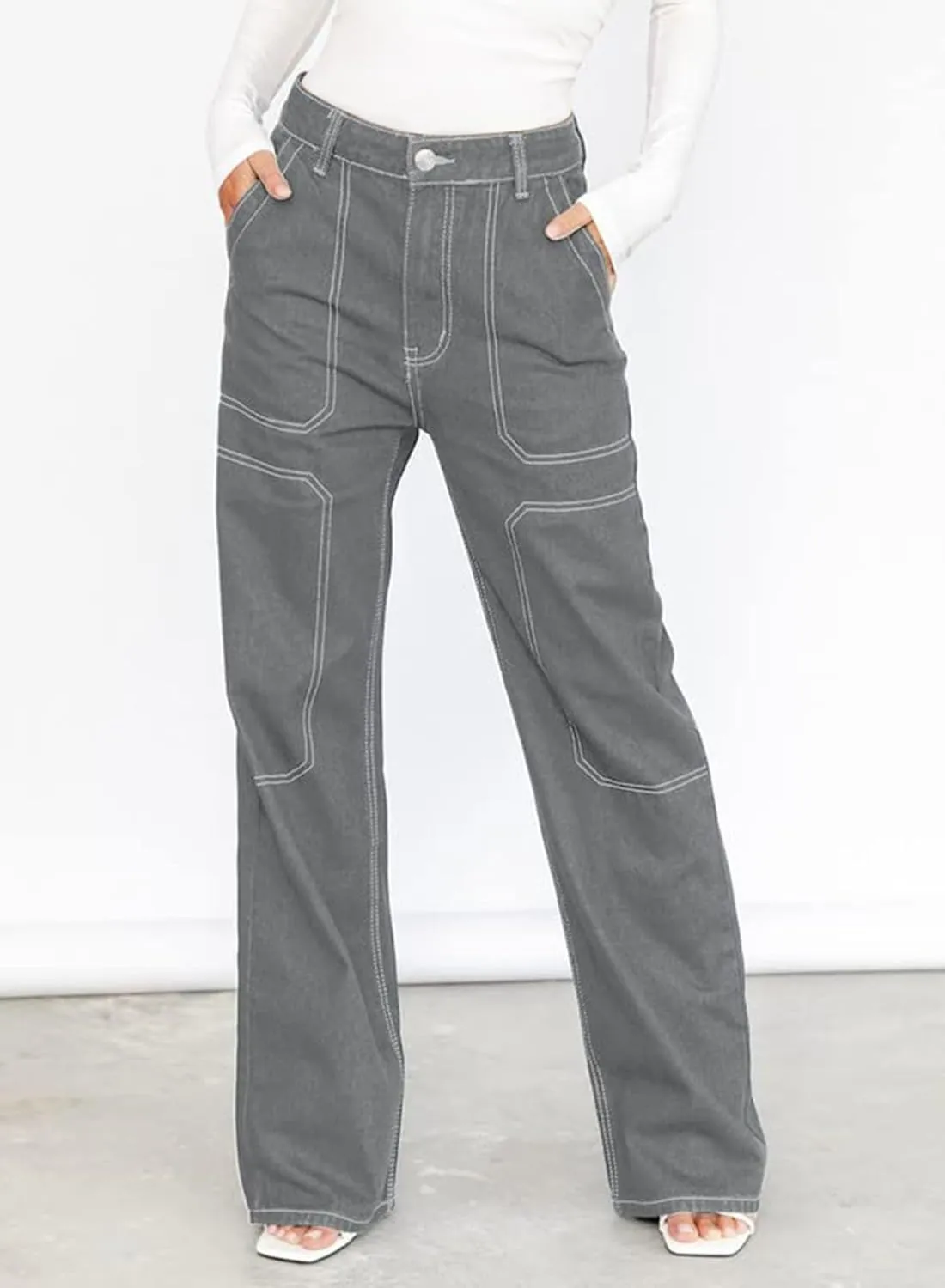 Dokotoo Women's Casual Mid Waist Cargo Jeans Stretch Wide Leg Denim Pants with Pockets