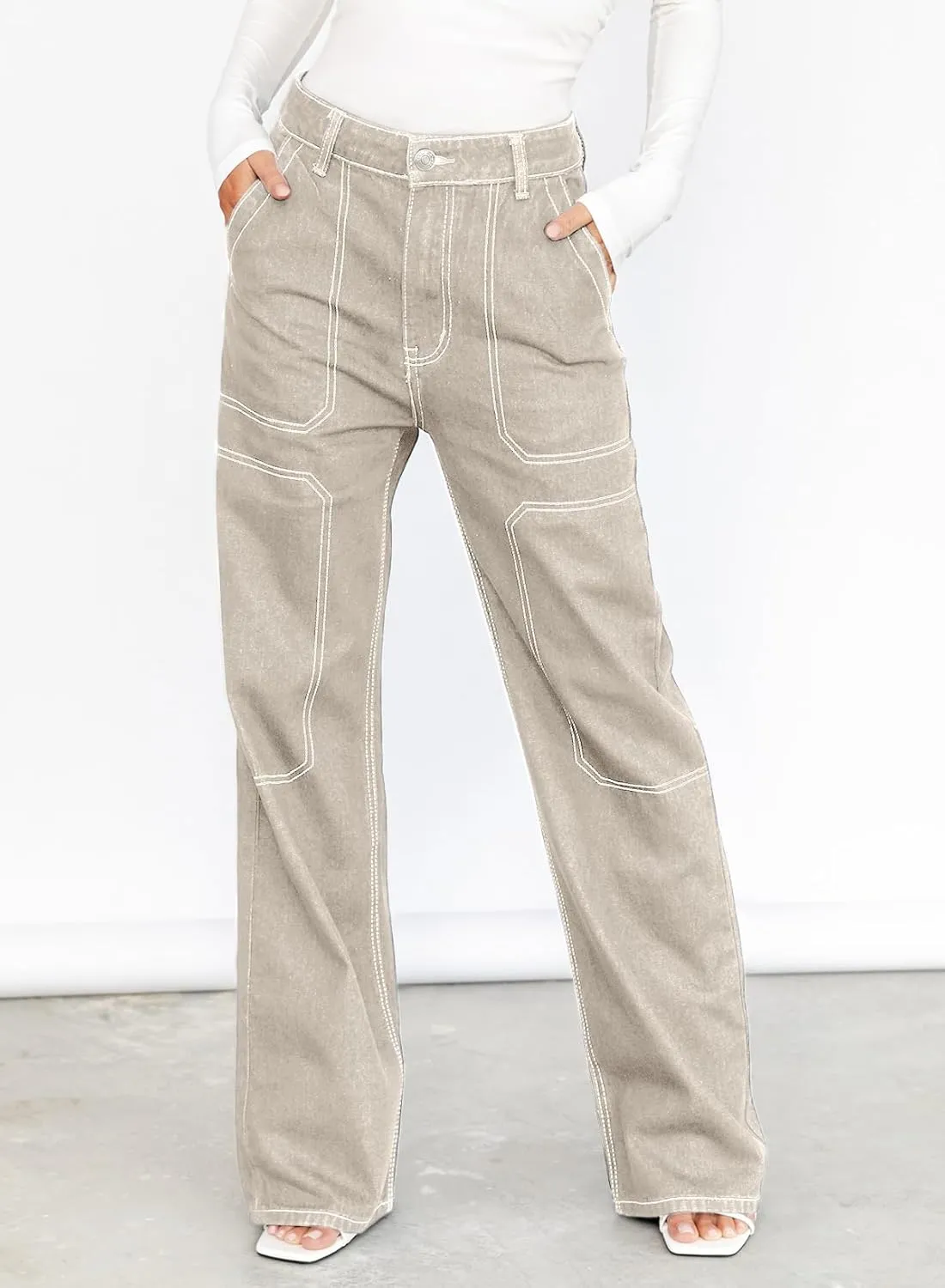Dokotoo Women's Casual Mid Waist Cargo Jeans Stretch Wide Leg Denim Pants with Pockets