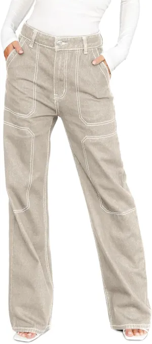 Dokotoo Women's Casual Mid Waist Cargo Jeans Stretch Wide Leg Denim Pants with Pockets
