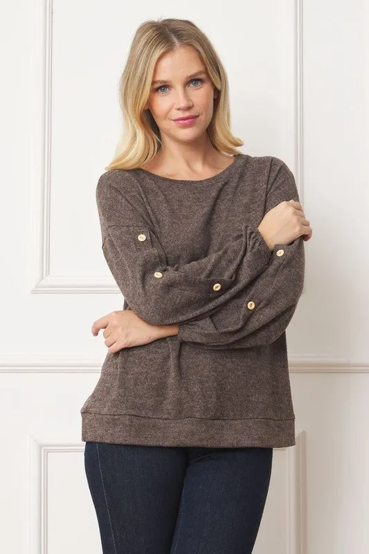 EG FASHION Drop Shoulder Button Sleeve Detail Top