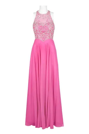 Elegant Ruched Mesh Halter Neck Dress with Chic Cutout Back