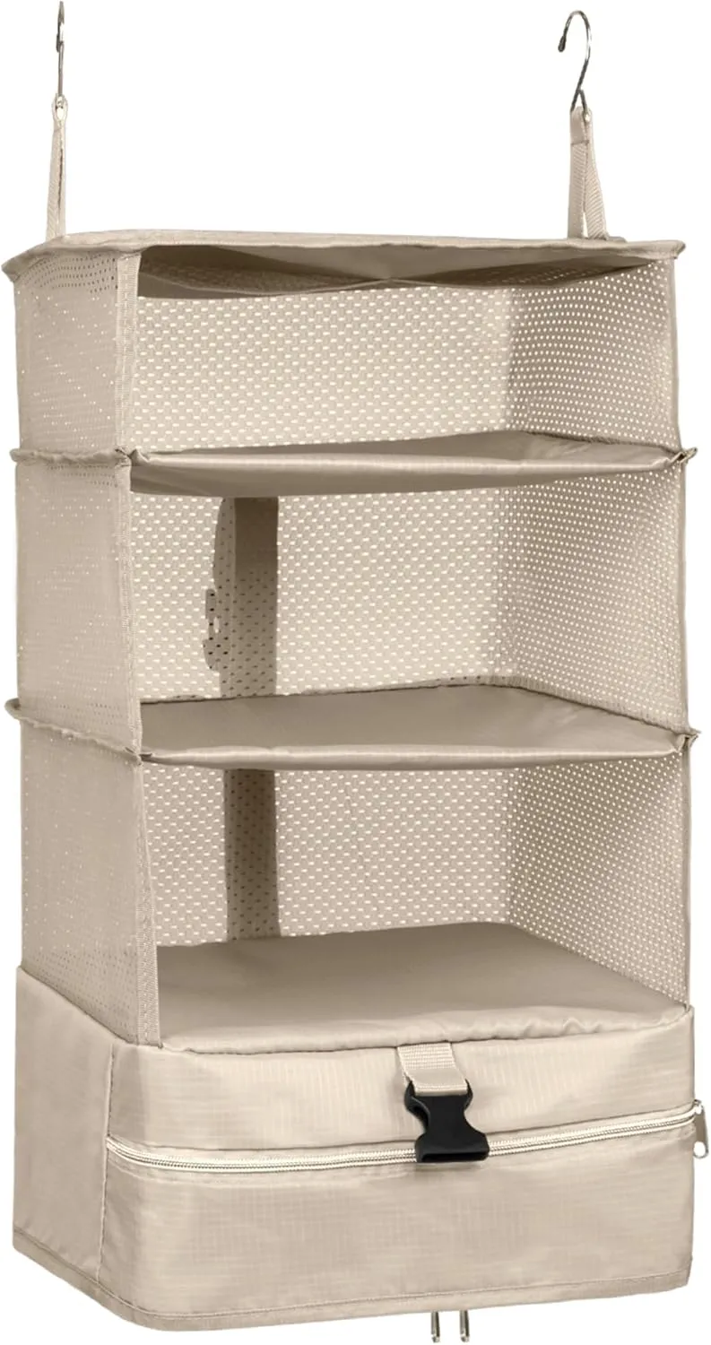 ELEZAY Hanging Packing Cubes Portable Travel Closet Collapsible Compression Clothes Organizer with Built in Shelves for Carry-on Luggage Suitcase Wardrobe Large_11.8 * 11.8 * 24 in, Beige
