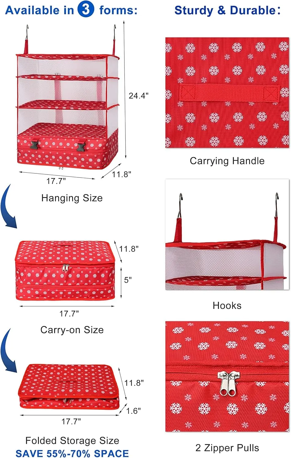 ELEZAY Hanging Packing Cubes Portable Travel Closet Collapsible Compression Clothes Organizer with Built in Shelves for Carry-on Luggage Suitcase Wardrobe X-Large_17.1 * 11.8 * 24.4 IN, Snow