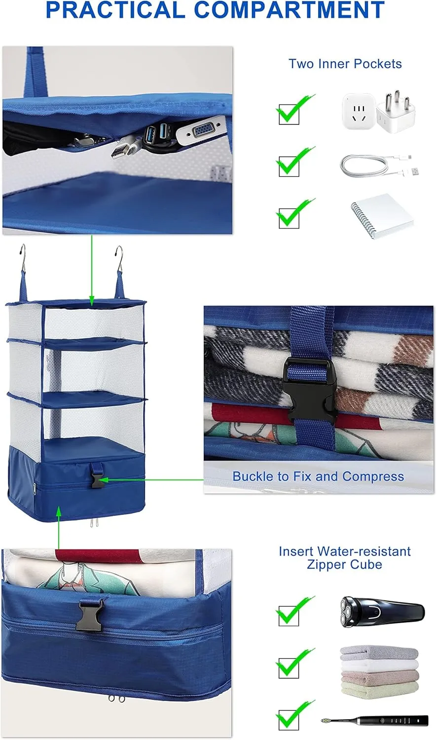 ELEZAY Hanging Packing Cubes Portable Travel Closet Collapsible Compression Clothes Organizer with Built in Shelves for Carry-on Luggage Suitcase Wardrobe X-Large_17.1 * 11.8 * 24.4 IN, Snow
