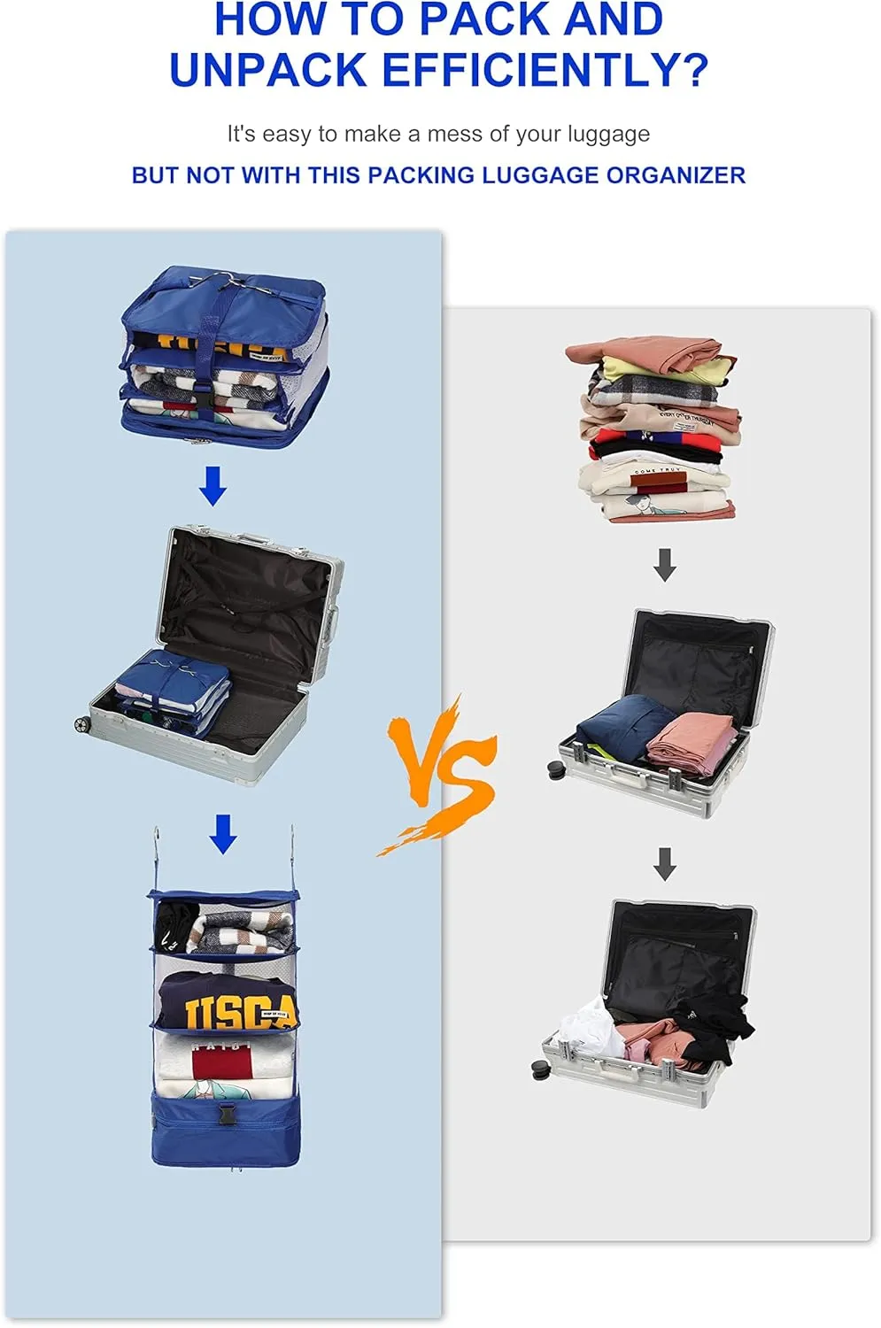 ELEZAY Hanging Packing Cubes Portable Travel Closet Collapsible Compression Clothes Organizer with Built in Shelves for Carry-on Luggage Suitcase Wardrobe X-Large_17.1 * 11.8 * 24.4 IN, Snow
