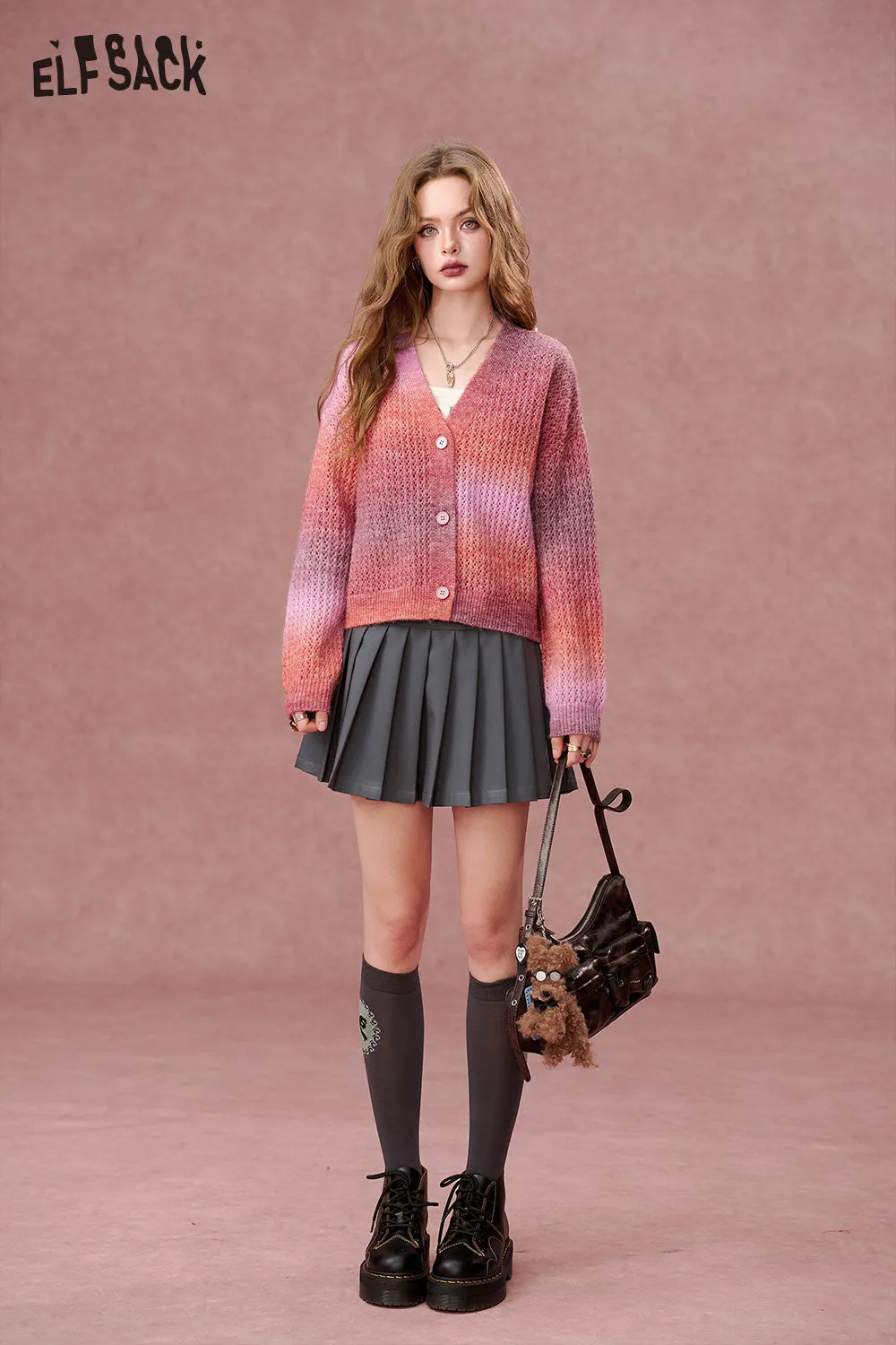ELFSACK 2024 Autumn New Arrivals Gradient color V-neck sweater Sweet and versatile cardigan sweater for women