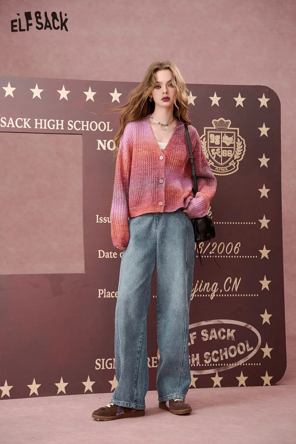 ELFSACK 2024 Autumn New Arrivals Gradient color V-neck sweater Sweet and versatile cardigan sweater for women