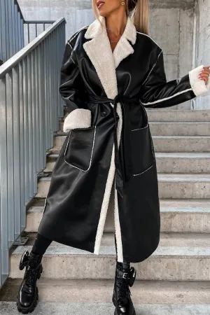 Fashionkova - Black Elegant College Solid Frenulum With Belt Solid Color Turndown Collar Outerwear