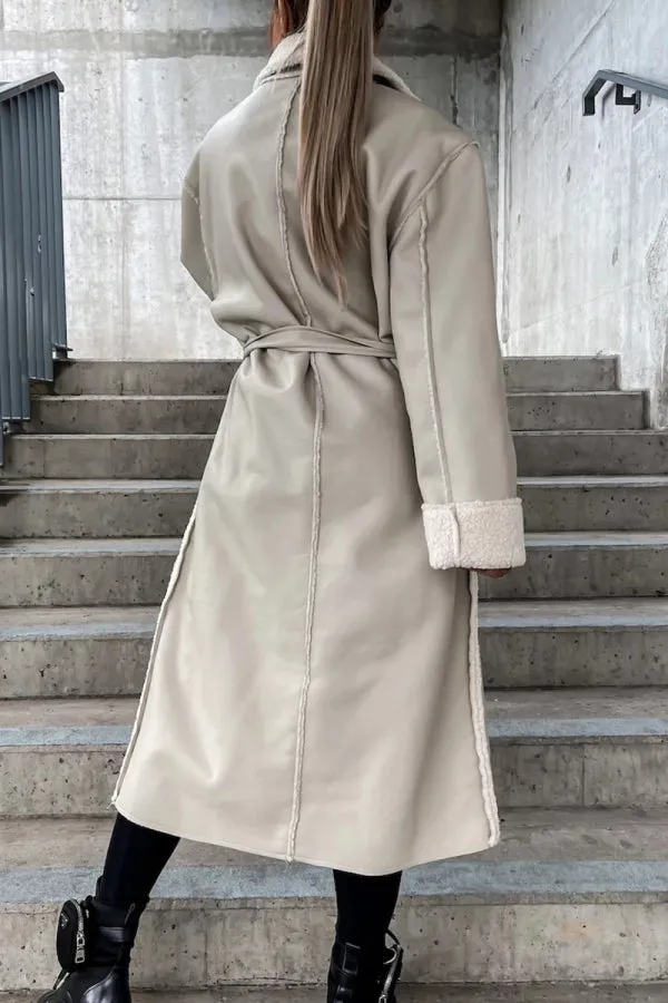 Fashionkova - Black Elegant College Solid Frenulum With Belt Solid Color Turndown Collar Outerwear
