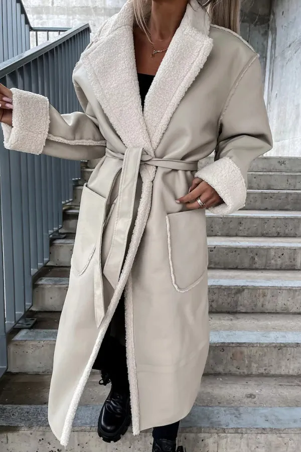 Fashionkova - Black Elegant College Solid Frenulum With Belt Solid Color Turndown Collar Outerwear