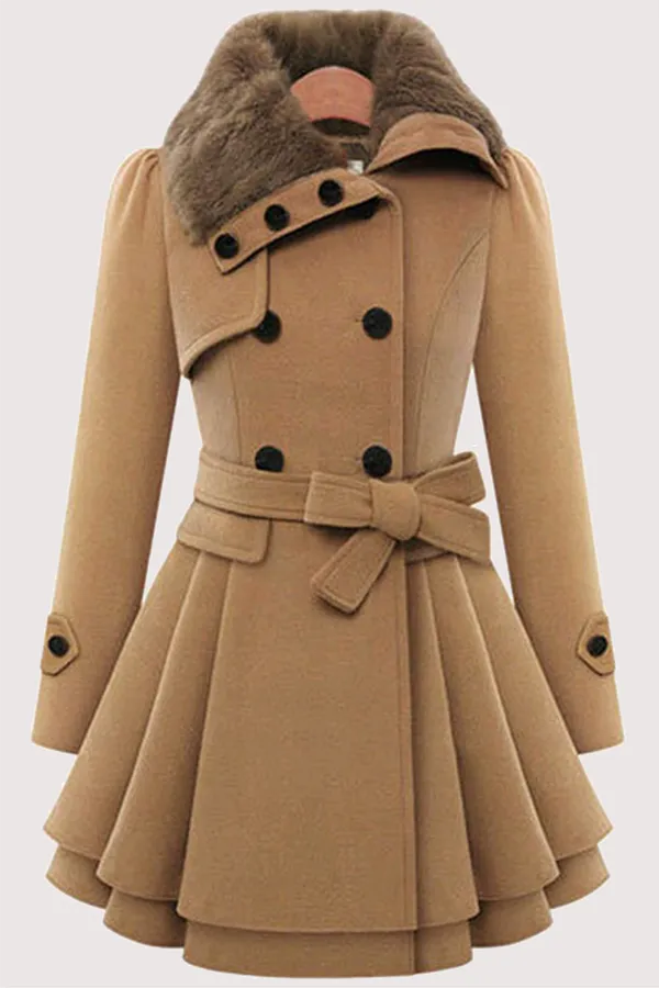 Fashionkova - Red Fashion Elegant Buckle With Belt Turndown Collar Outerwear