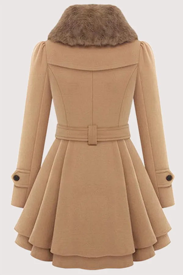 Fashionkova - Red Fashion Elegant Buckle With Belt Turndown Collar Outerwear