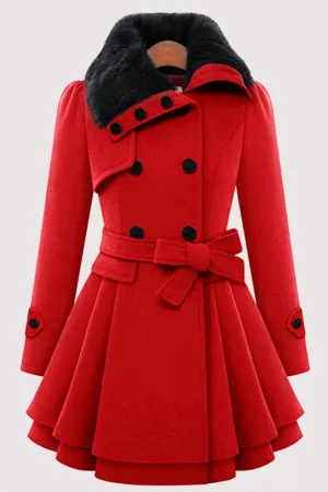 Fashionkova - Red Fashion Elegant Buckle With Belt Turndown Collar Outerwear