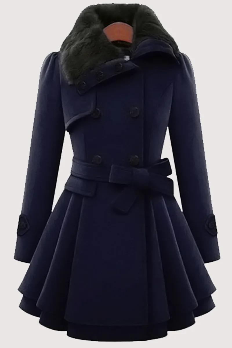 Fashionkova - Red Fashion Elegant Buckle With Belt Turndown Collar Outerwear