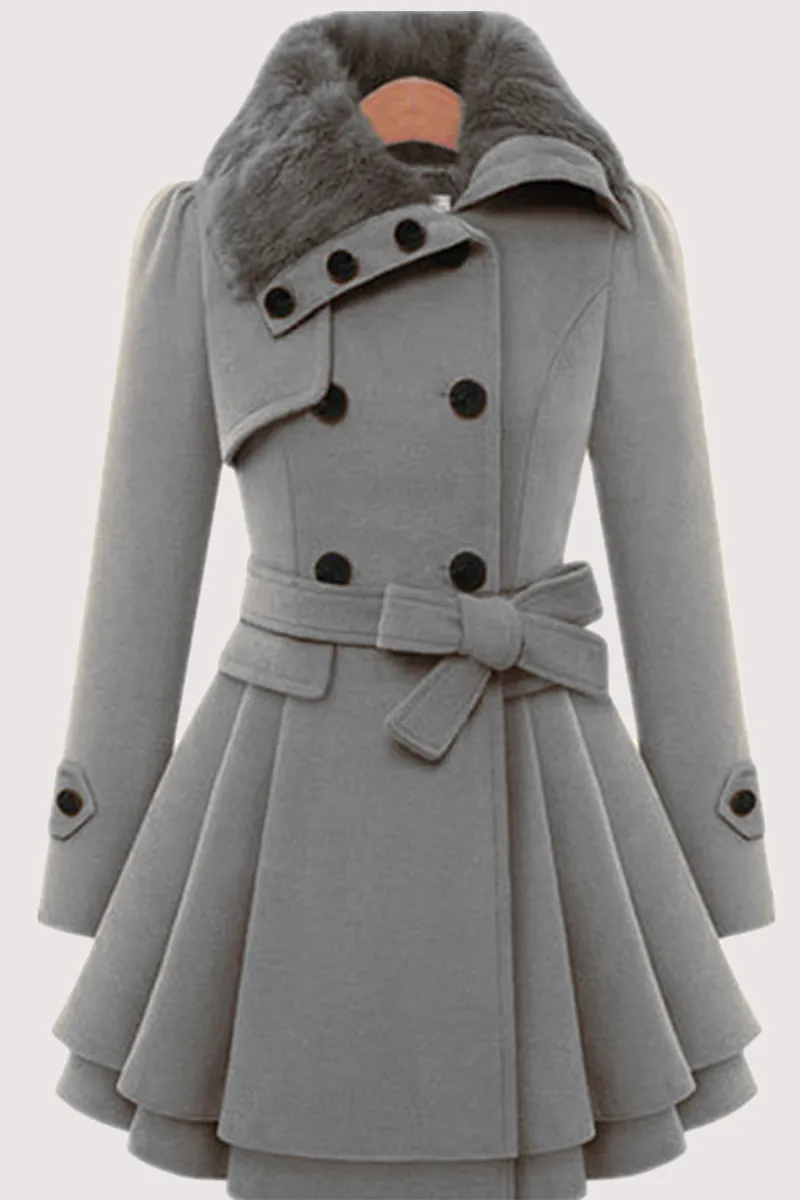 Fashionkova - Red Fashion Elegant Buckle With Belt Turndown Collar Outerwear