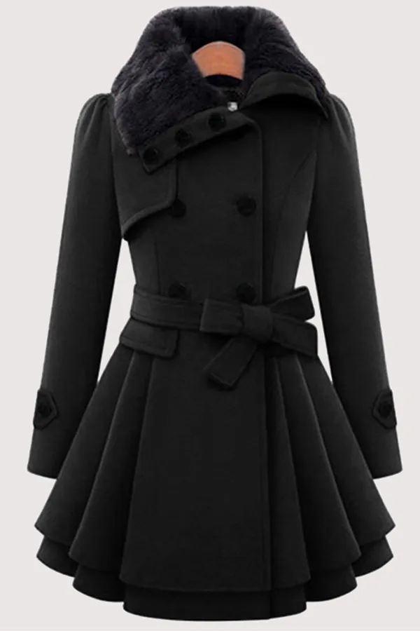 Fashionkova - Red Fashion Elegant Buckle With Belt Turndown Collar Outerwear