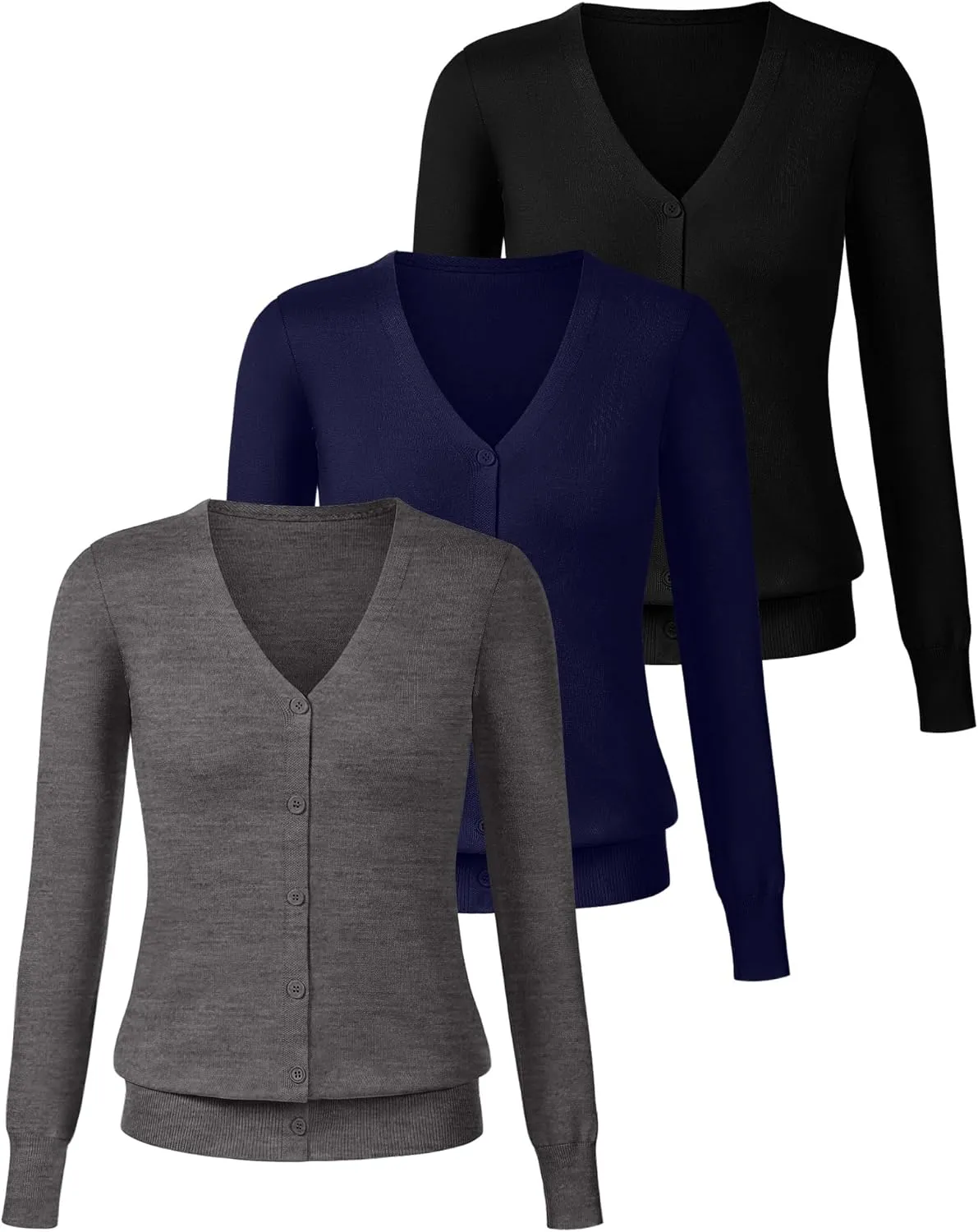 Ficerd 3 Pack Women's Cardigan Sweater V Neck Knit Lightweight Cardigans Long Sleeve Button Casual Tops