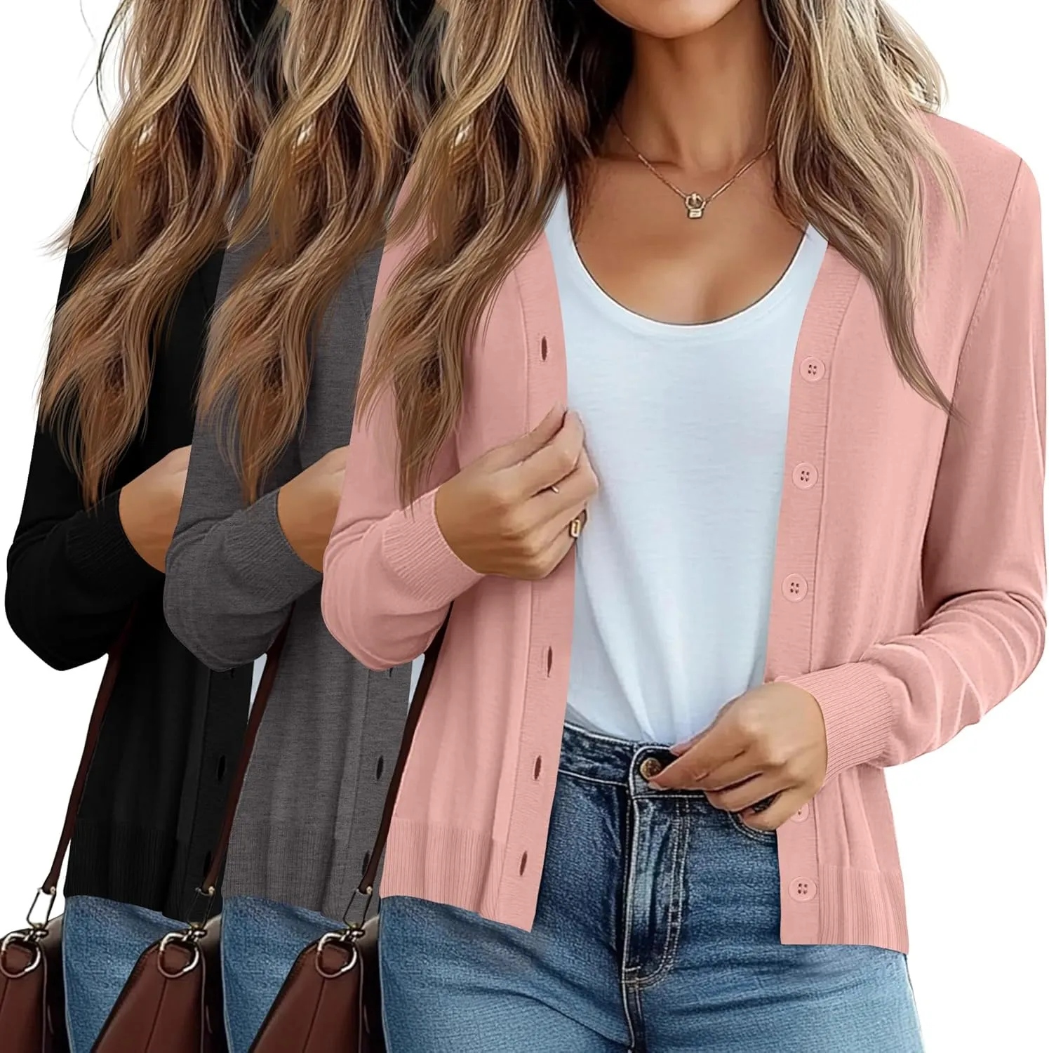 Ficerd 3 Pack Women's Cardigan Sweater V Neck Knit Lightweight Cardigans Long Sleeve Button Casual Tops