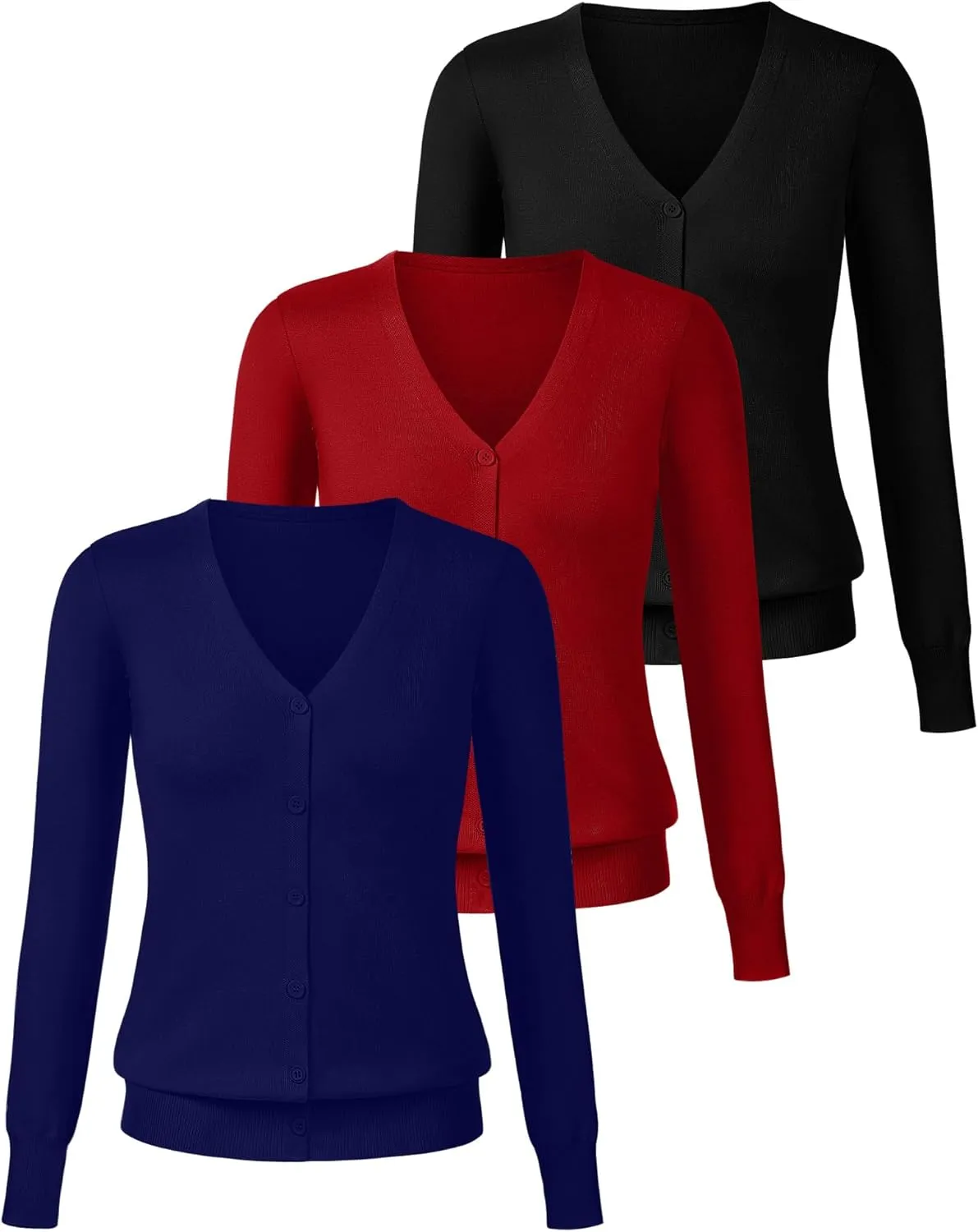 Ficerd 3 Pack Women's Cardigan Sweater V Neck Knit Lightweight Cardigans Long Sleeve Button Casual Tops