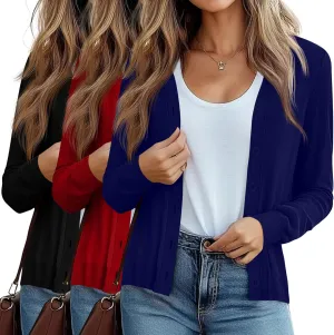 Ficerd 3 Pack Women's Cardigan Sweater V Neck Knit Lightweight Cardigans Long Sleeve Button Casual Tops