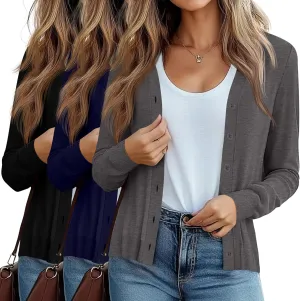 Ficerd 3 Pack Women's Cardigan Sweater V Neck Knit Lightweight Cardigans Long Sleeve Button Casual Tops