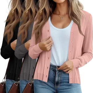 Ficerd 3 Pack Women's Cardigan Sweater V Neck Knit Lightweight Cardigans Long Sleeve Button Casual Tops
