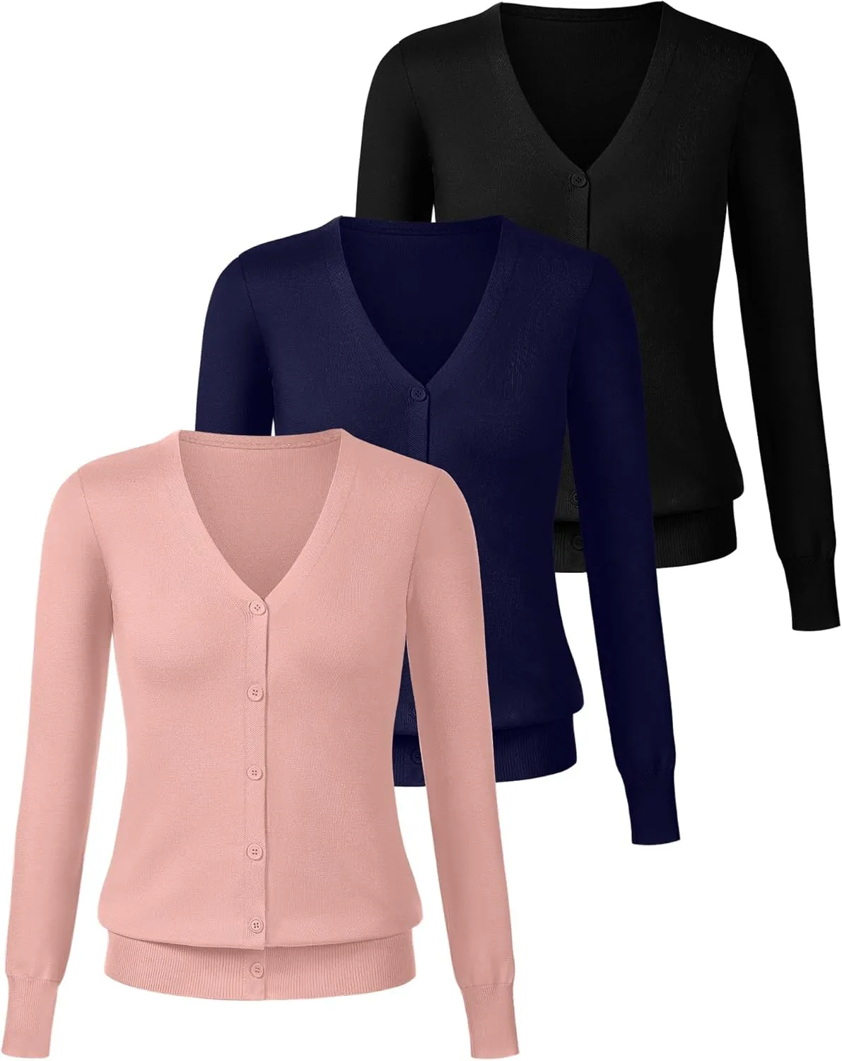 Ficerd 3 Pack Women's Cardigan Sweater V Neck Knit Lightweight Cardigans Long Sleeve Button Casual Tops