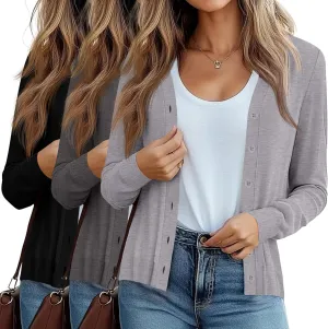 Ficerd 3 Pack Women's Cardigan Sweater V Neck Knit Lightweight Cardigans Long Sleeve Button Casual Tops